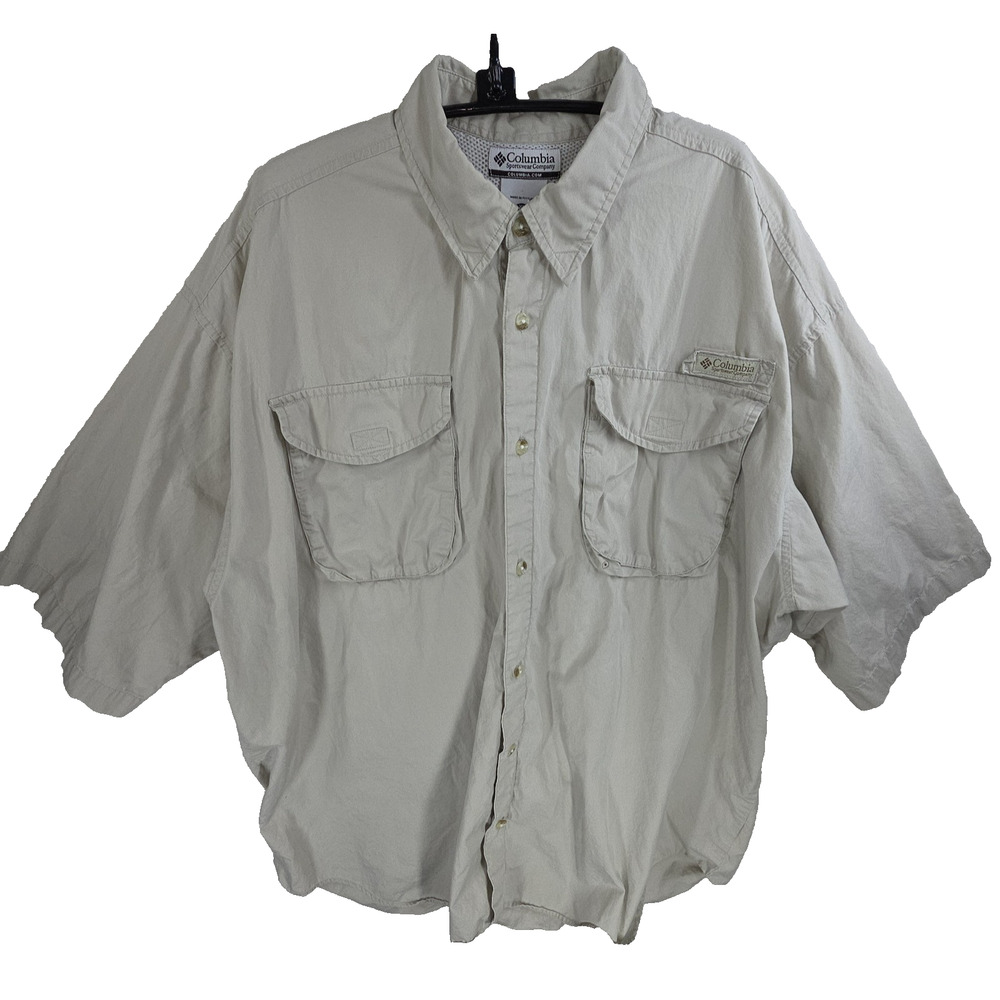 Columbia PFG Mens Vented Fishing Shirt Beige Short Sleeve Size XL FM7130 Fish